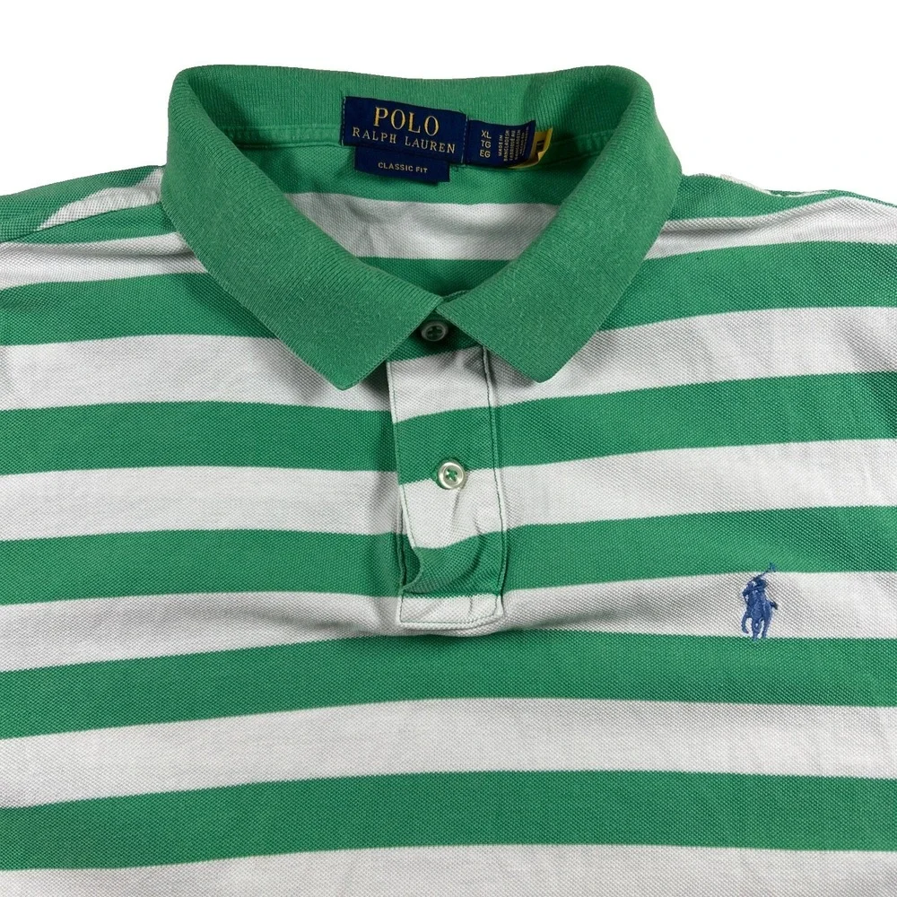 Polo Ralph Lauren Shirt Men’s Size XL White Green Striped Classic Fit Rugby Polo